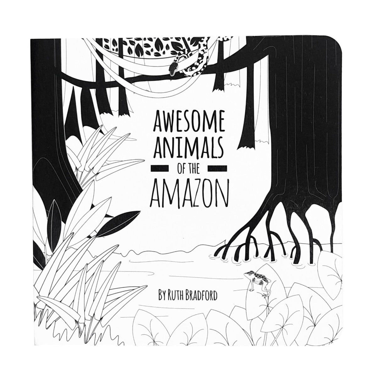 Black and white book for babies with images of animals from the Amazon.