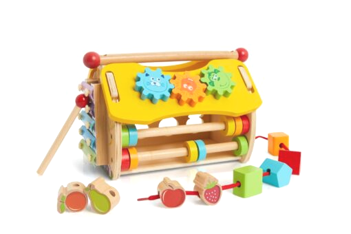 Colourful wooden activity house toy for toddlers with activities such as cogs, xylophone, shape sorter and shapes on a string.