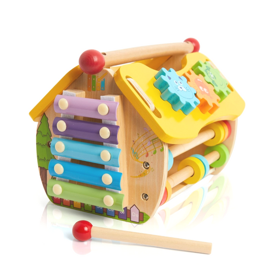 Colourful wooden activity house toy for toddlers.
