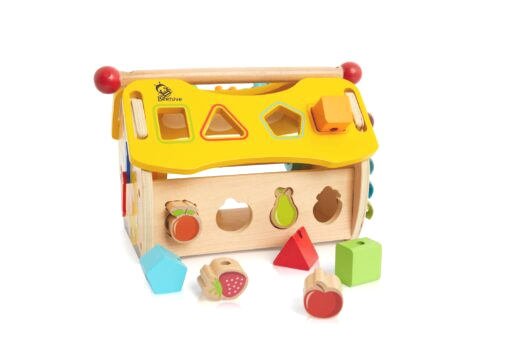 Interactive wooden activity house for toddler play - Froglet Toys
