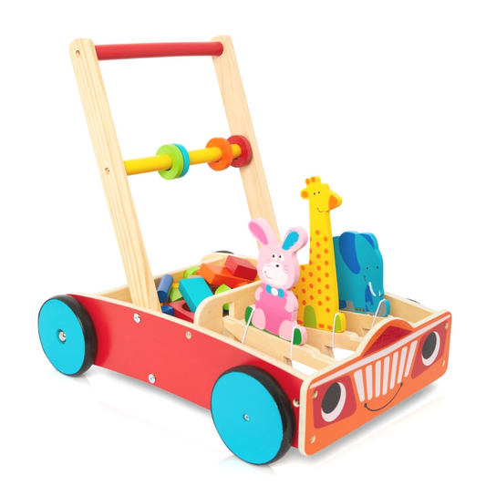 Wooden push along walker with activities for babies and young children.