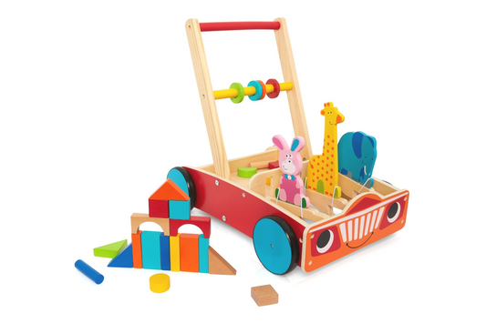 Wooden push along walker for babies and young children.  Showing colourful building blocks.