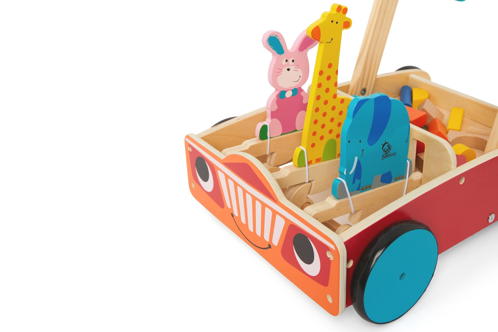 Wooden push along walker with animals which bob up and down as the walker goes along.